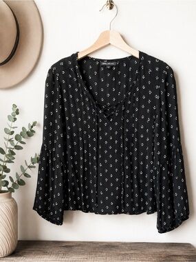Billabong Black Printed Lace-Up Blouse Size S